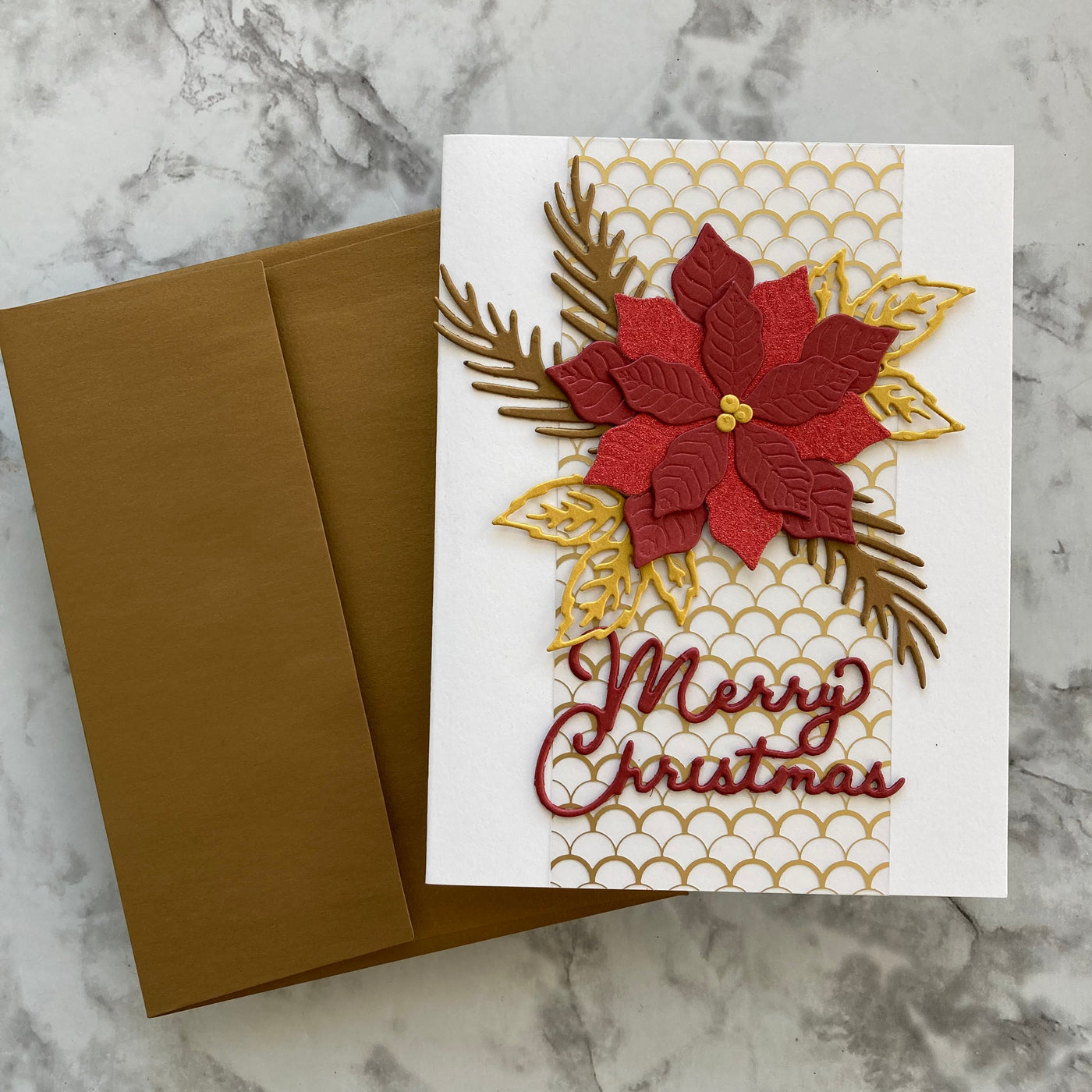 handmade card featuring red mirri glitter poinsettias