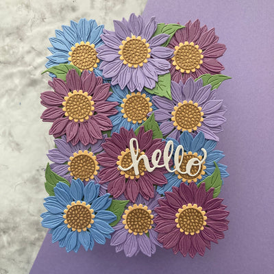 Handmade card featuring flower dies cut from Neenah Stardream in Amethyst