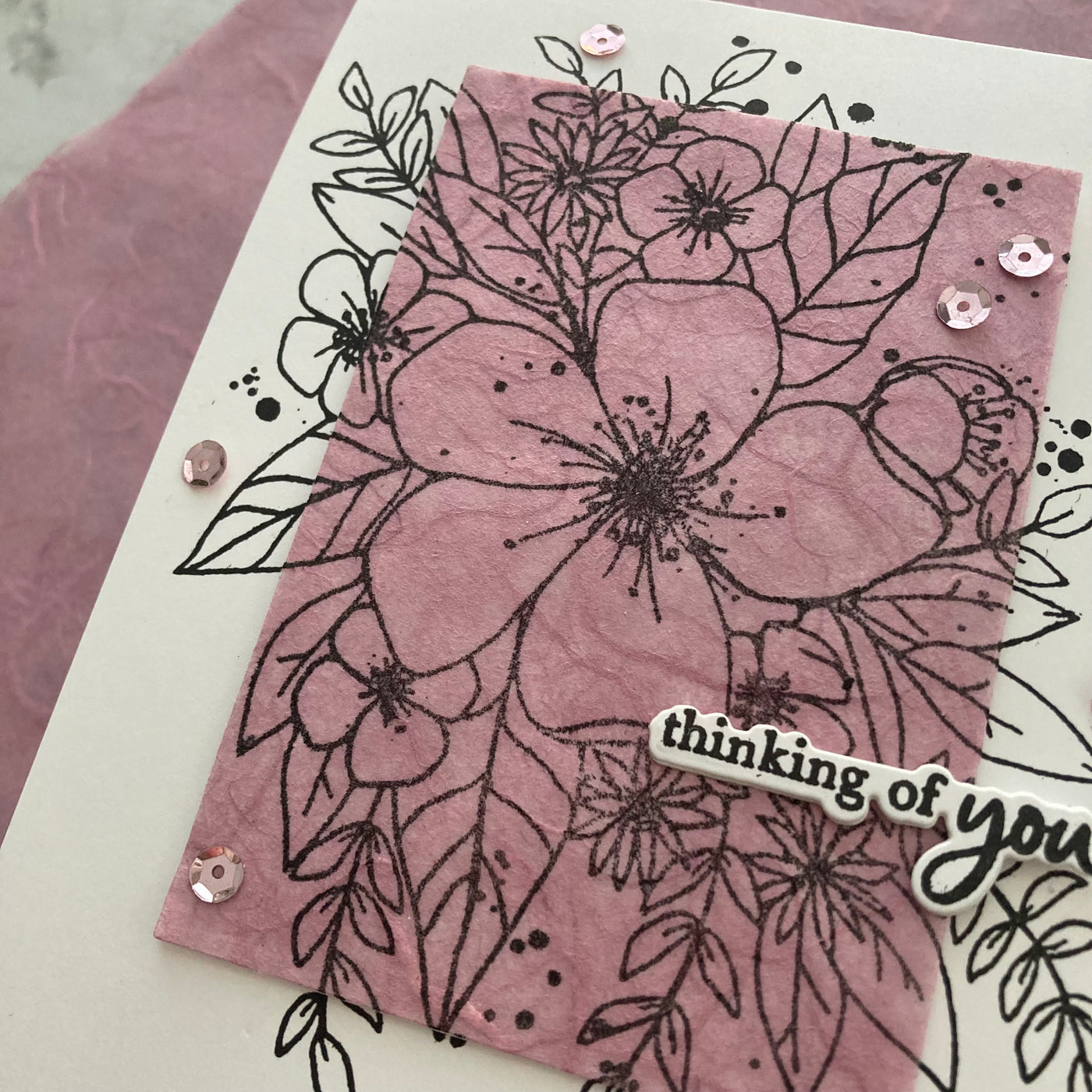 Handmade Stamped Card Using Mulberry Paper Thai Unryu Mauve