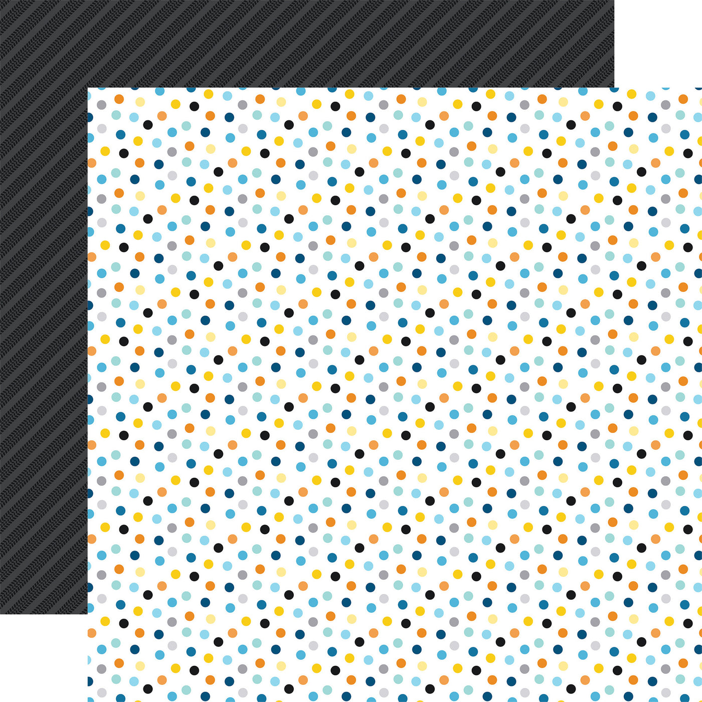 Patterned paper with colorful dots on a white background, black stripes on a dark gray background, reverse.