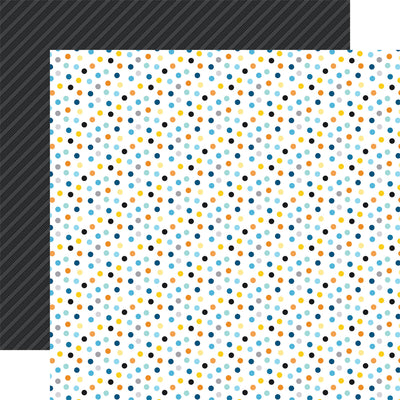 Patterned paper with colorful dots on a white background, black stripes on a dark gray background, reverse.