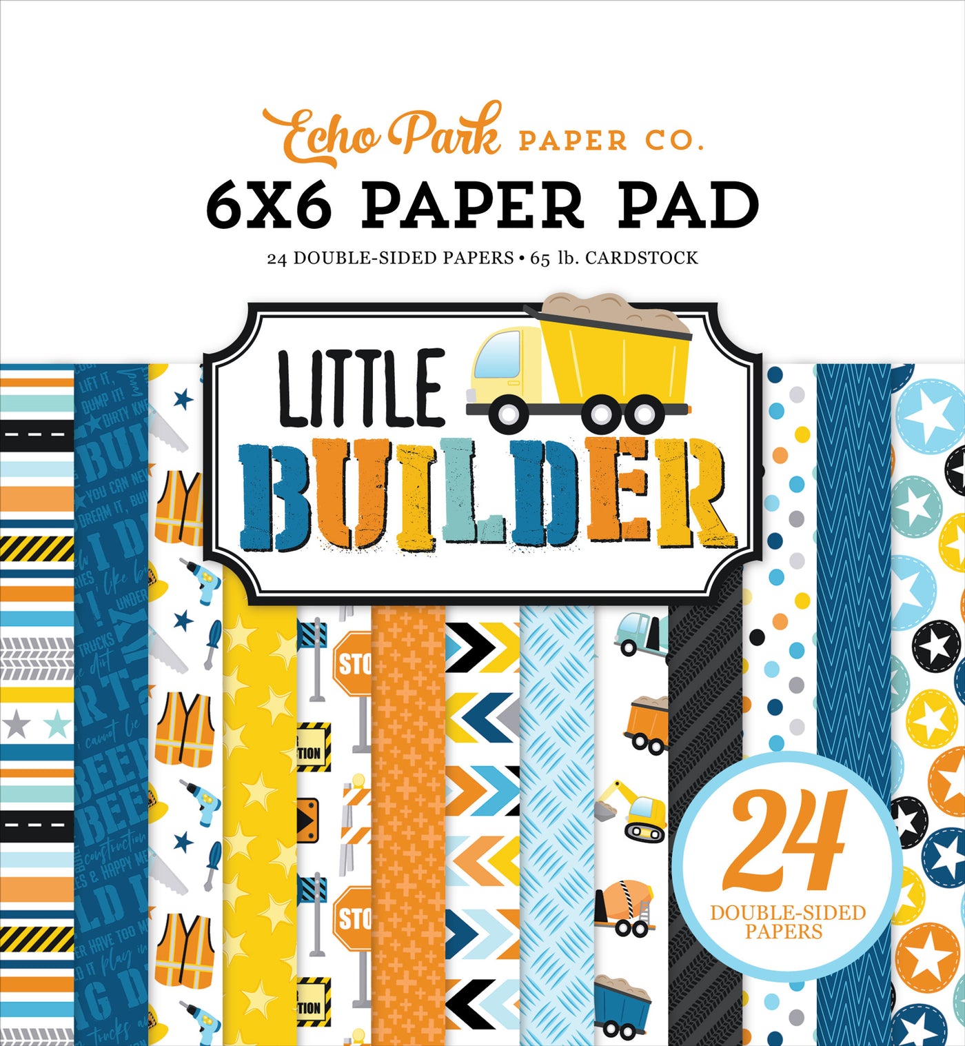 Echo Park Little Builder 6x6 Paper Pad features various construction elements, such as trucks, diggers, hard hats, construction cones, and road signs.