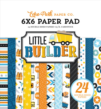 Echo Park Little Builder 6x6 Paper Pad features various construction elements, such as trucks, diggers, hard hats, construction cones, and road signs.