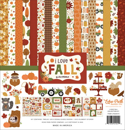 I love Fall, 12x12 Collection Kit from Echo Park Paper - Kit contains twelve 12x12 double-sided papers, including cover plus a 12x12 element sticker—Autumn theme and colors, archival quality, and acid-free.