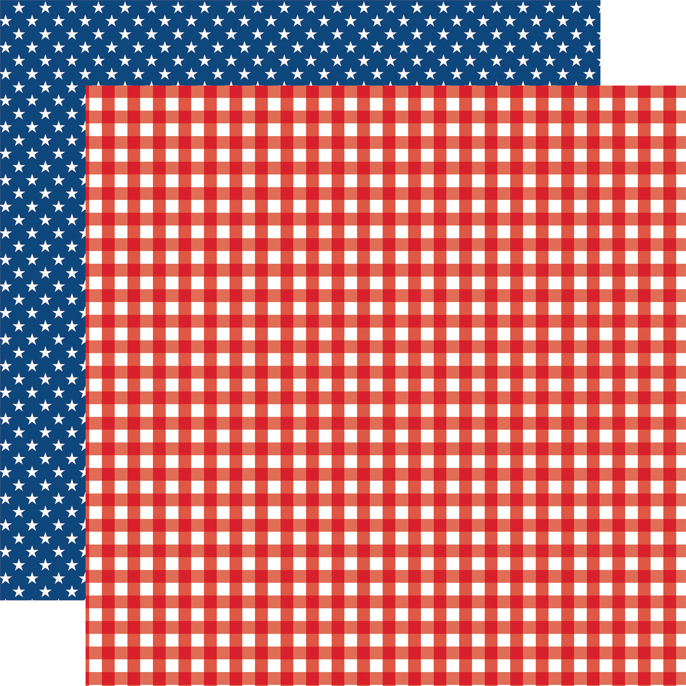 12x12 double-sided patterned paper - (Side A - red and white gingham; Side B - white stars on a blue background) - Echo Park Paper.