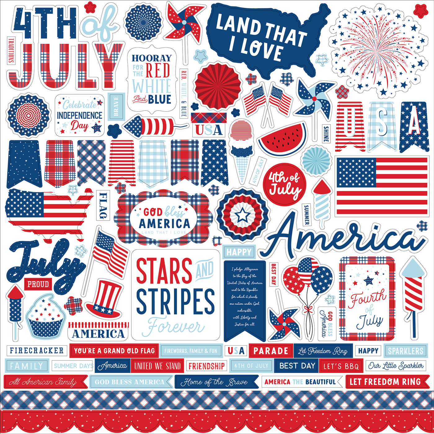Let Freedom Ring Elements 12" x 12" Cardstock Stickers from the Let Freedom Ring Collection by Echo Park. This set of stickers includes flags, fireworks, balloons, pinwheels, banners, borders, and more! 