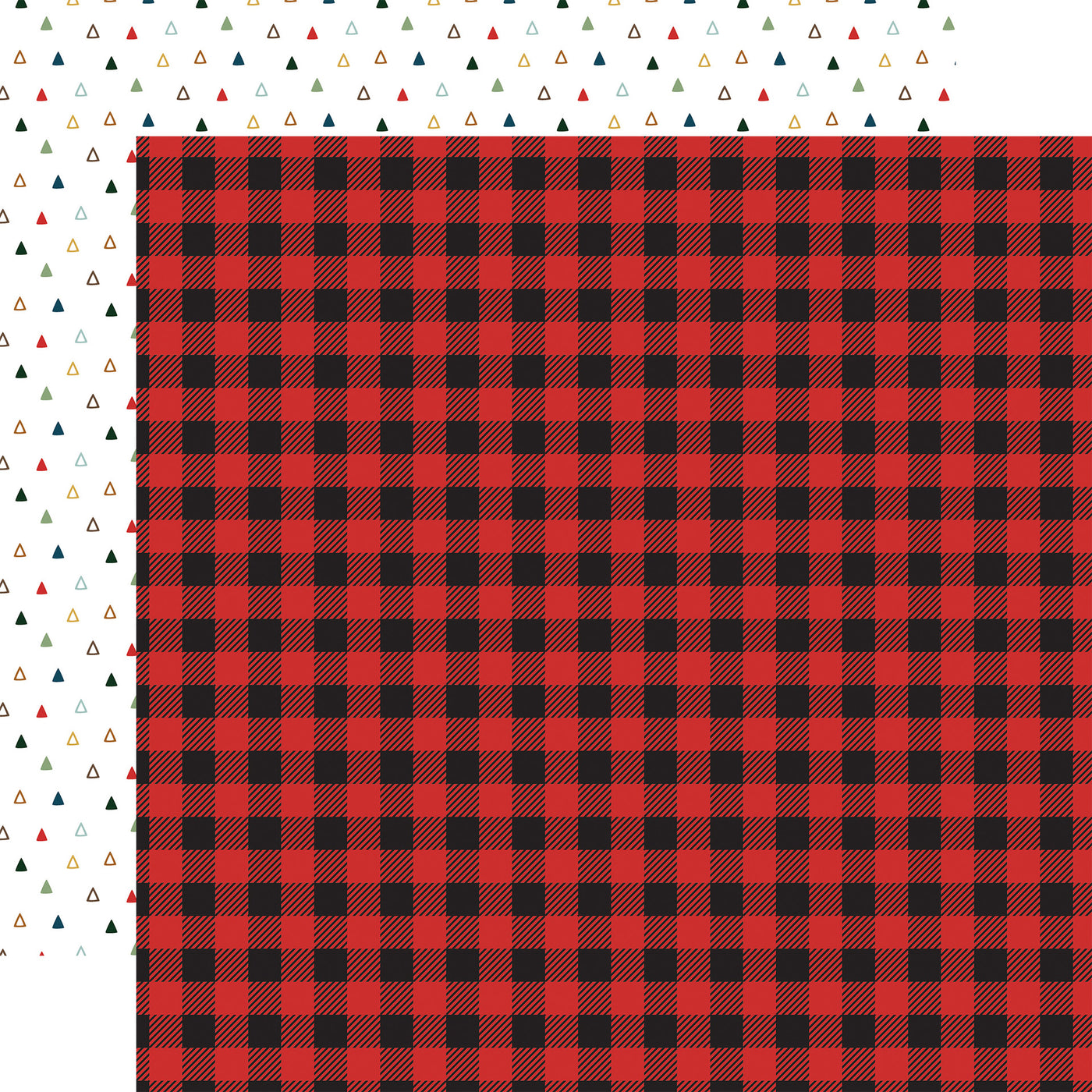 12x12 double-sided patterned paper (Side A - red and black buffalo plaid, Side B - colorful triangles on a white background) - Echo Park Paper.