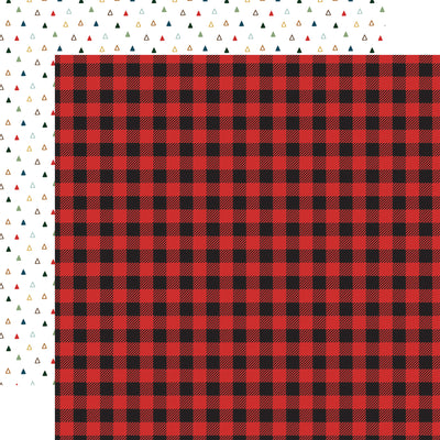12x12 double-sided patterned paper (Side A - red and black buffalo plaid, Side B - colorful triangles on a white background) - Echo Park Paper.