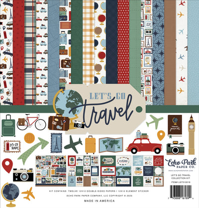 LET'S GO TRAVEL 12x12 Collection Kit from Echo Park Paper - Twelve double-sided papers with travel and vacation themes. 12x12 inch textured cardstock. Includes Element Sticker Sheet, Echo Park Paper Co.