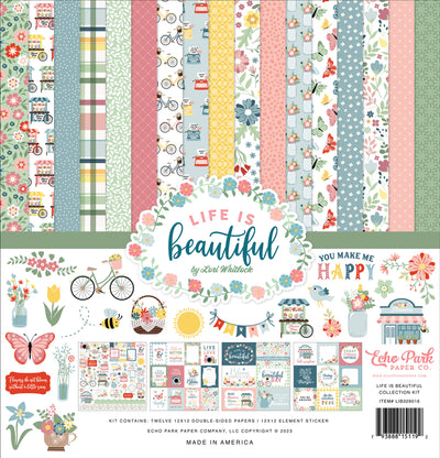 LIFE IS BEAUTIFUL 12x12 Collection Kit from Echo Park Paper - Twelve double-sided papers with life and everyday themes. 12x12 inch textured cardstock. Includes Element Sticker Sheet, Echo Park Paper Co.
