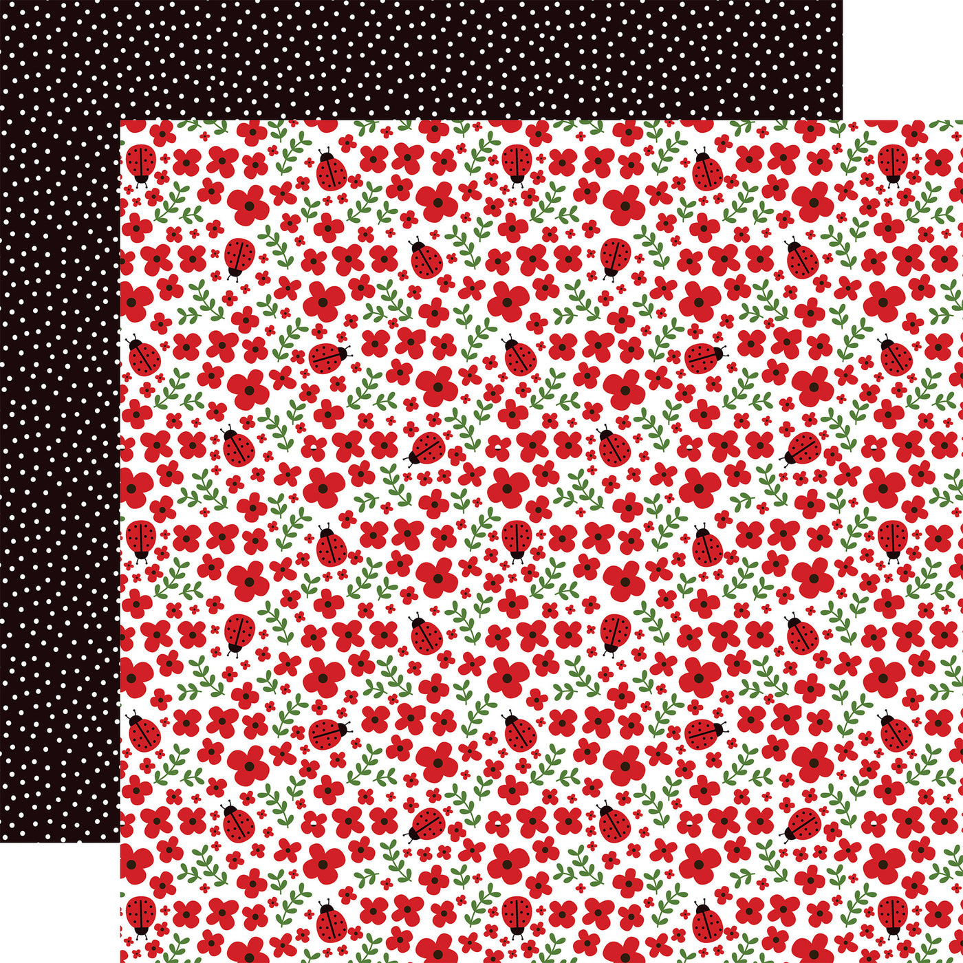 12x12 double-sided patterned paper. (Side A - red ladybugs and flowers on a white background; Side B - white polka dots all over a black background)