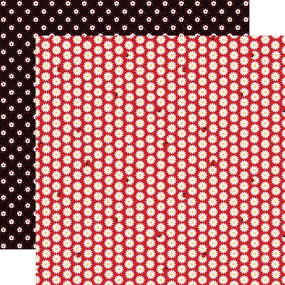 12x12 double-sided patterned paper. (Side A - red ladybugs and white daisies on a red background; Side B - rows of white daisies with little red polka dots on a black background)