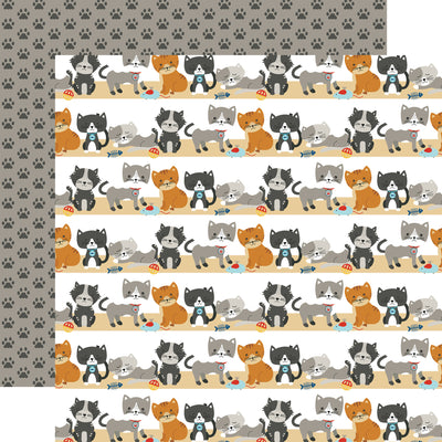 12x12 double-sided patterned paper. (Side A - rows of cute little black, gray, or orange kitties on a white background. Side B - black paw prints on gray background) Archival quality and acid-free.