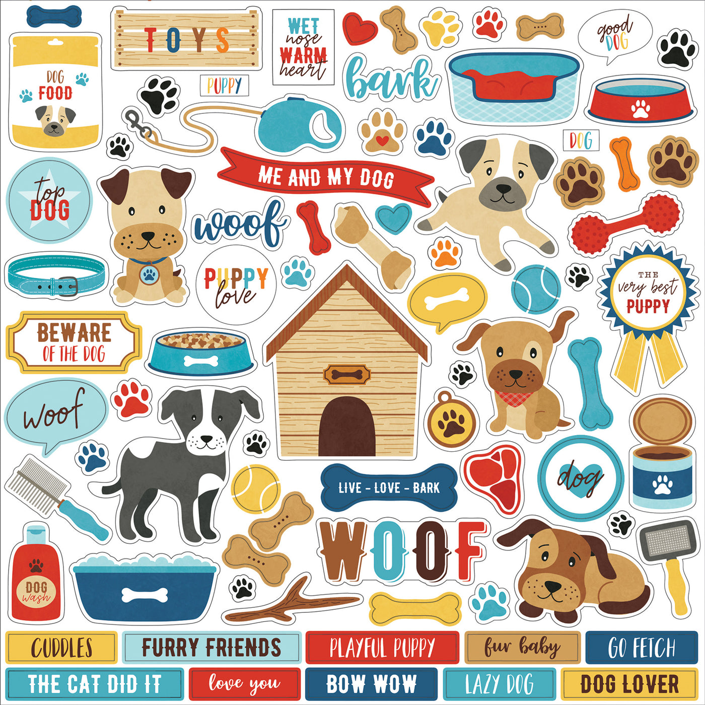 I Love My dog Elements 12" x 12" Cardstock Stickers from the I Love My Dog Collection by Echo Park. These stickers include dogs, paw prints, dog toys, phrases, dog house, and more!&nbsp;&nbsp;