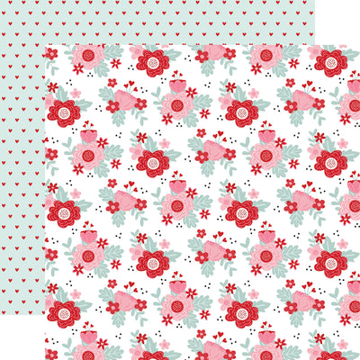 12x12 double-sided sheet. (Side A - red, pink, and teal floral on a white background; Side B - rows of red hearts on a light teal background)  Archival quality, acid-free. 
