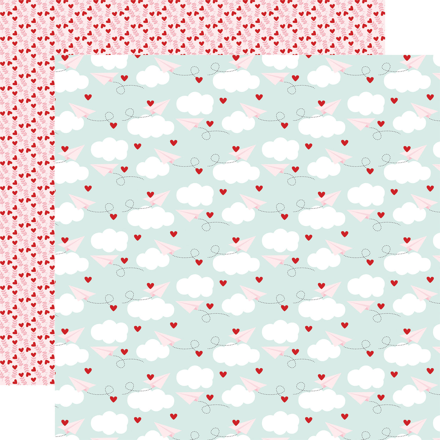 12x12 double-sided sheet. (Side A - sweet, pink, paper airplanes soaring through the sky on a teal background with little red hearts and white clouds; Side B - red hearts pattern on a light pink background) Archival quality, acid-free. 