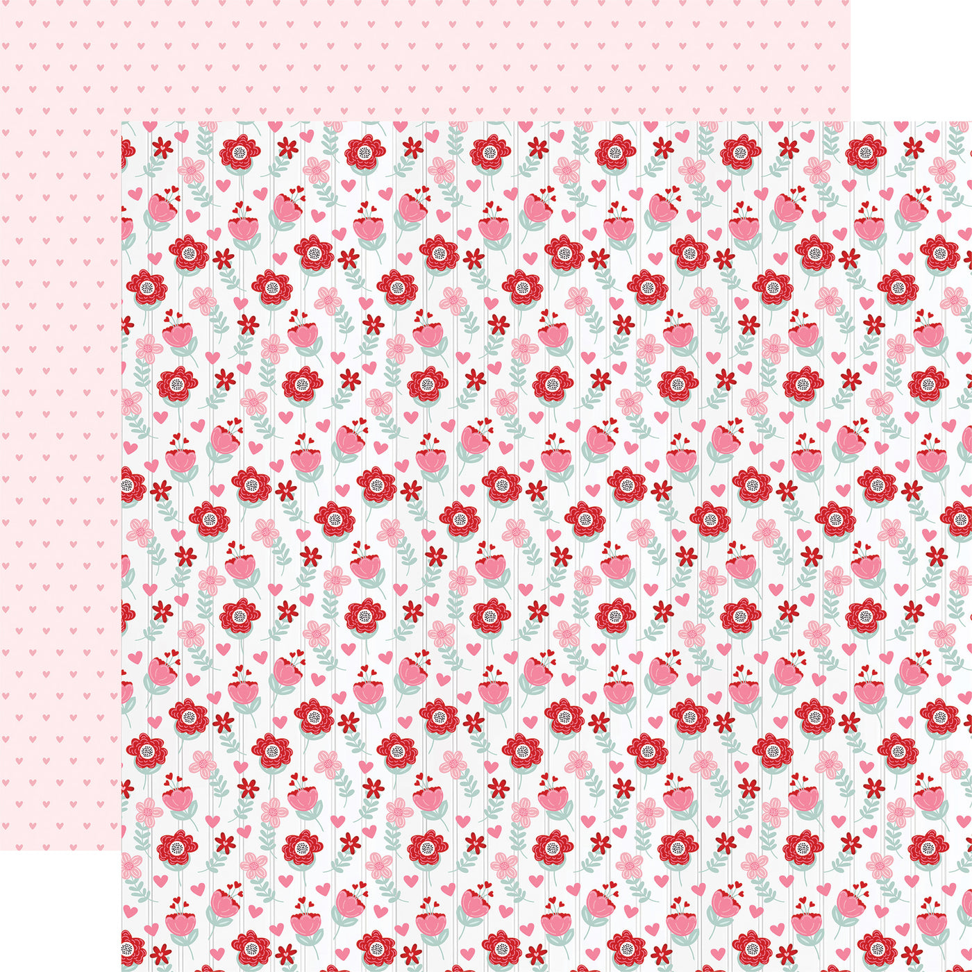 12x12 double-sided sheet. (Side A - sweet, red, pink, and teal floral on a white background; Side B - rows of dark pink hearts on a light pink background) Archival quality, acid-free. 