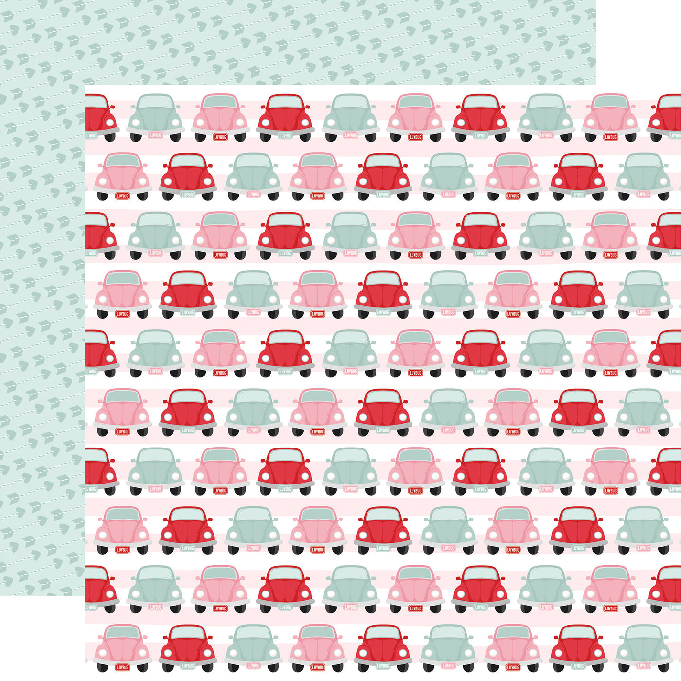 12x12 double-sided sheet. (Side A - fun, red, pink, and teal cars on a pink and white striped background; Side B - arrows pattern on a teal background) Archival quality, acid-free. 