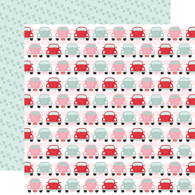 12x12 double-sided sheet. (Side A - fun, red, pink, and teal cars on a pink and white striped background; Side B - arrows pattern on a teal background) Archival quality, acid-free. 