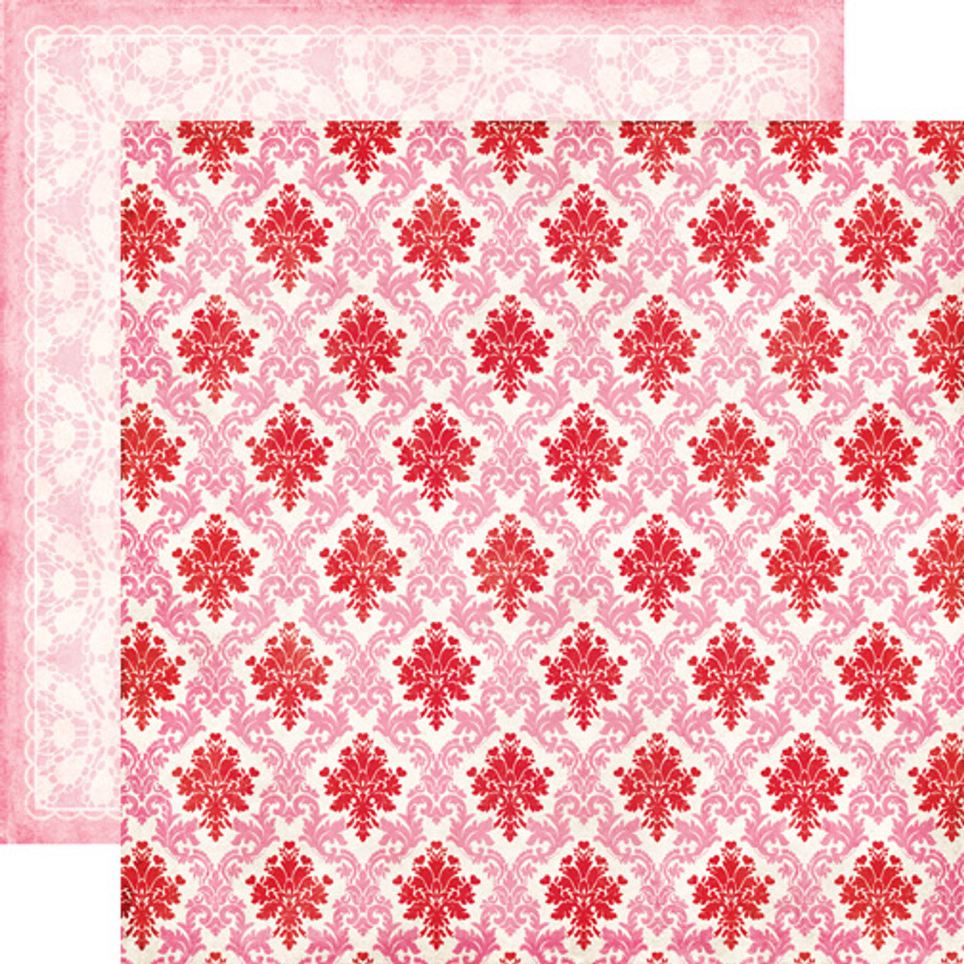 12x12 double-sided patterned paper. (Side A - pink and red damask pattern on a white background; Side B - fancy pink and white lace pattern with a pink border) Archival quality.