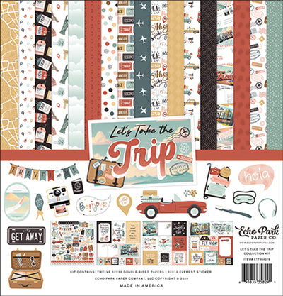 LET'S TAKE THE TRIP 12x12 Collection Kit from Echo Park Paper - Twelve double-sided papers with travel and vacation themes. 12x12 inch textured cardstock. Includes Element Sticker Sheet, Echo Park Paper Co.
