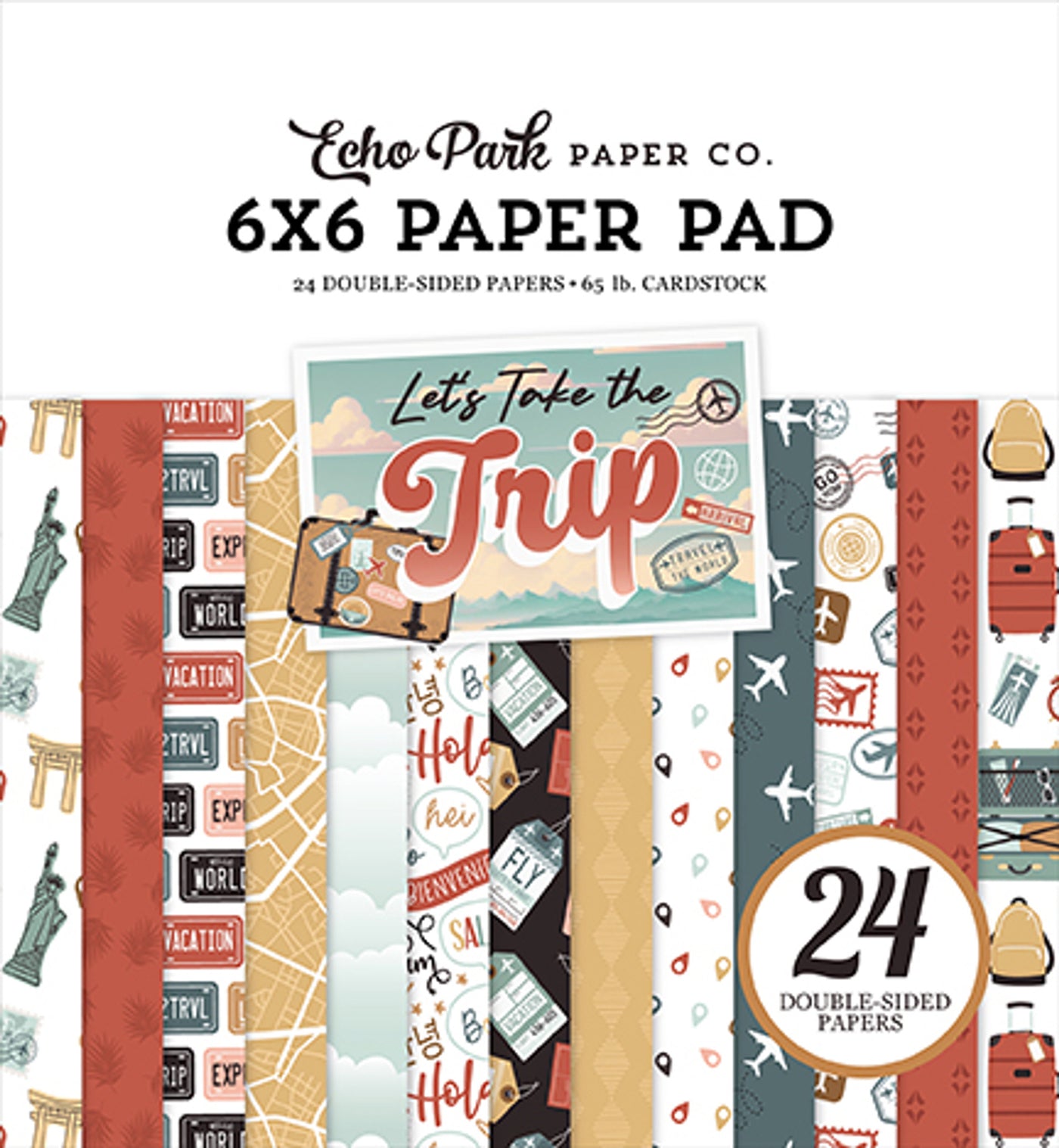 6x6 pad loaded with fun, travel-related graphics, and patterns; fun for cards and papercrafts; includes 24 double-sided pages.