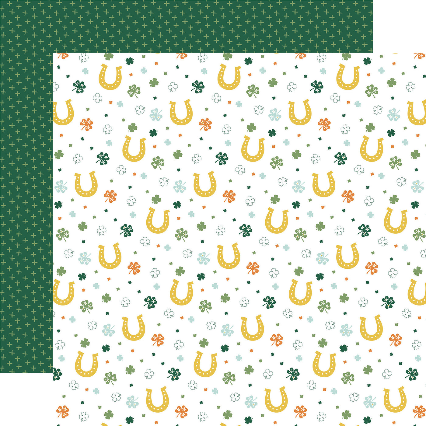 Patterned paper with horseshoes and clovers on a white background, green plus sign pattern on the reverse.