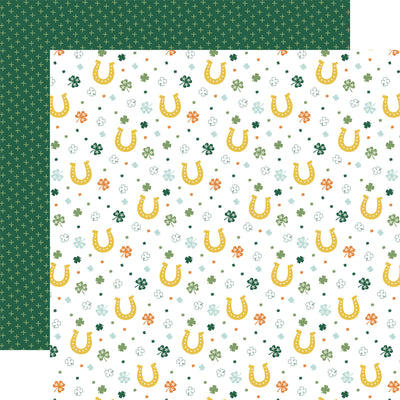 Patterned paper with horseshoes and clovers on a white background, green plus sign pattern on the reverse.