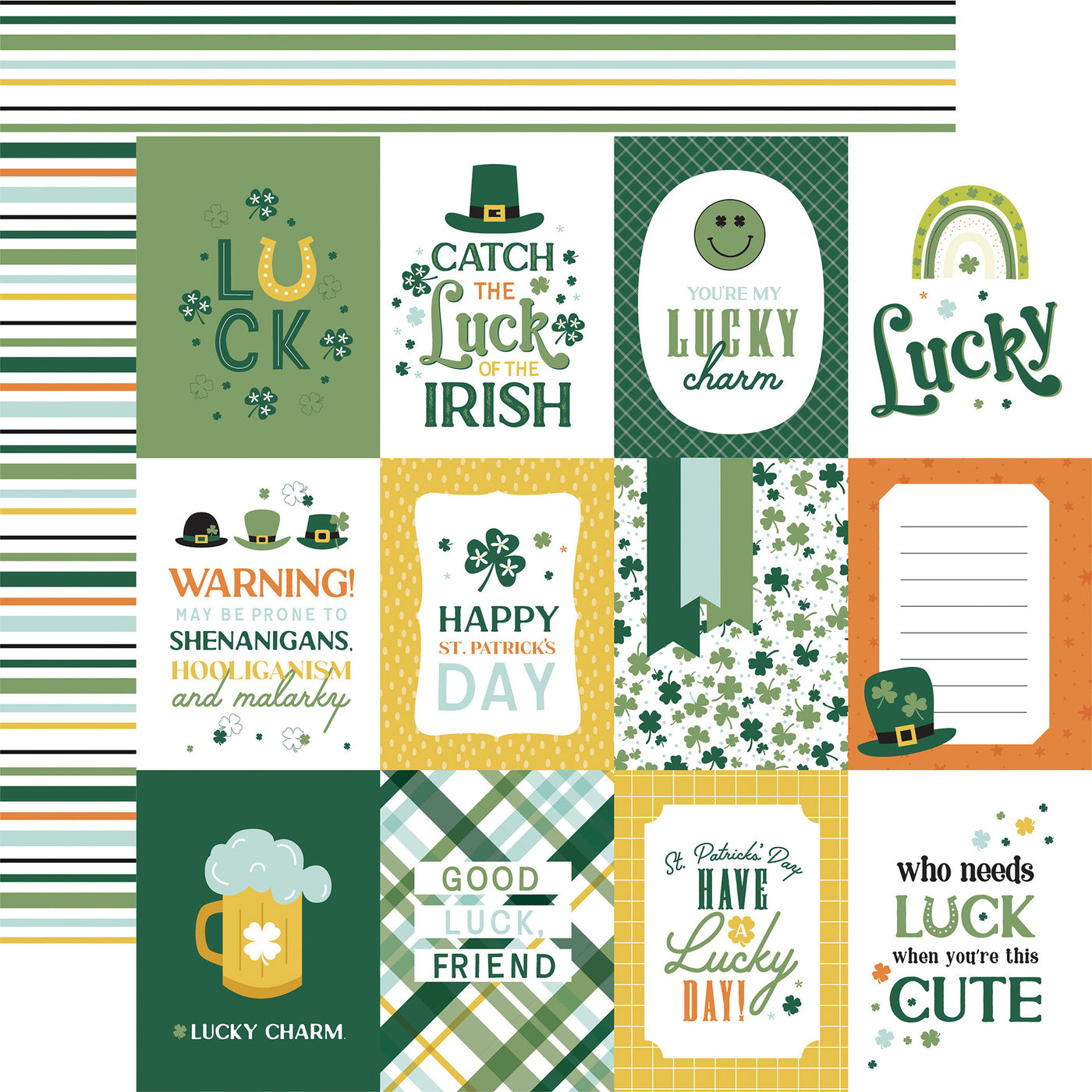 Collection of St. Patrick's Day-themed cards and patterns with text and graphics, green stripes reverse.