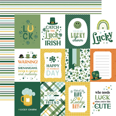 Collection of St. Patrick's Day-themed cards and patterns with text and graphics, green stripes reverse.