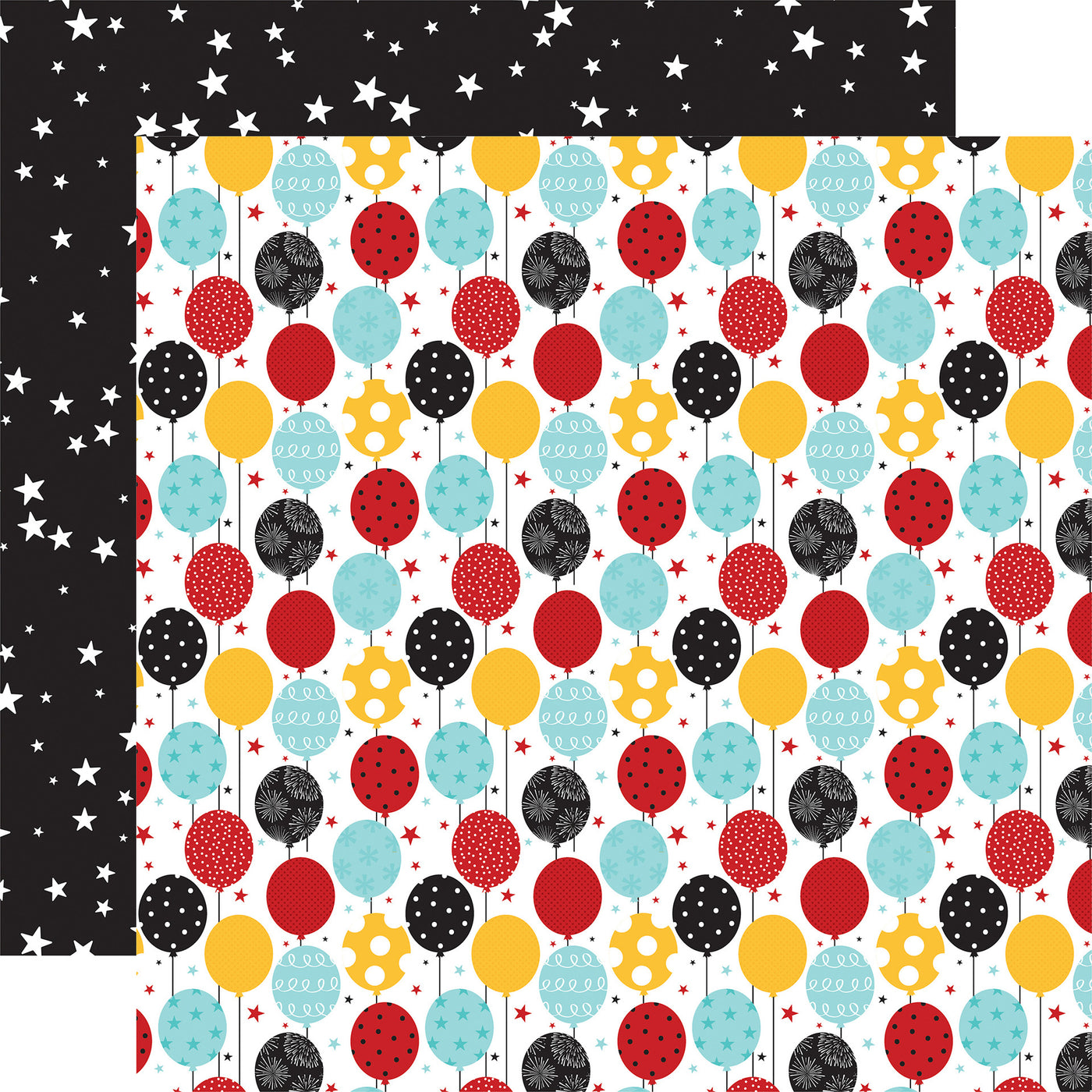 (Side A - colorful balloons on the front, with red, yellow, light blue, and black balloons, some with polka dots or star patterns, against a white background with small red stars, Side B - a solid black with scattered white stars of various sizes)