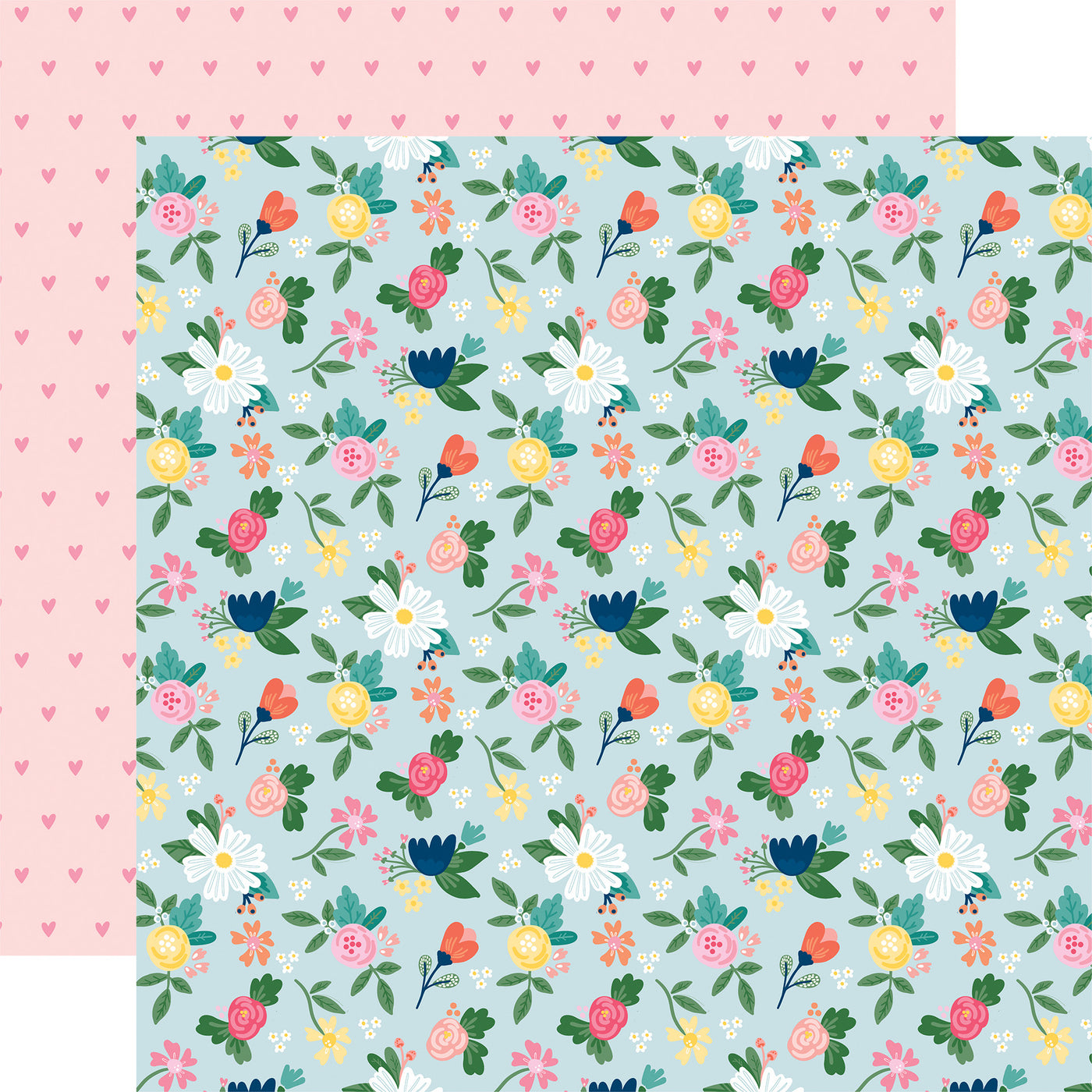 Floral patterned paper with a pink heart pattern on the reverse.