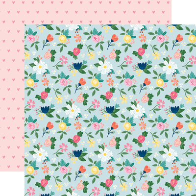 Floral patterned paper with a pink heart pattern on the reverse.