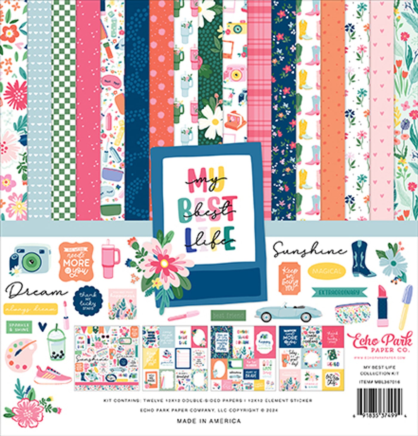 The MY BEST LIFE - 12x12 Collection Kit by Echo Park Paper is a must-have for all scrapbooking enthusiasts. This comprehensive kit includes 12 double-sided patterned papers, coordinating sticker sheets, and a variety of embellishments, providing endless creative possibilities.
