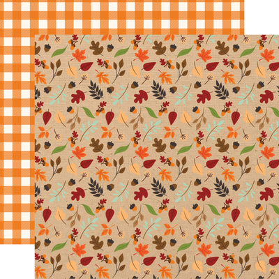 From Echo Park Paper, (Side A - acorns and leaves in fall colors on a kraft background, Side B - orange gingham)