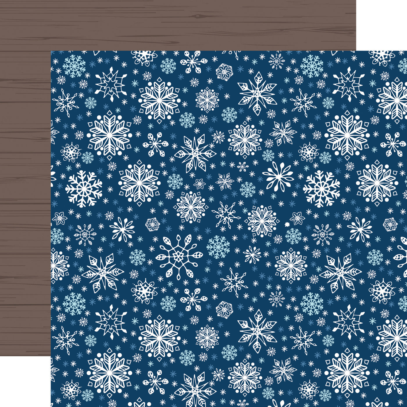 (Side A - blue and white snowflakes in various sizes and shapes on a blue background, Side B - a brown woodgrain background). Archival quality.