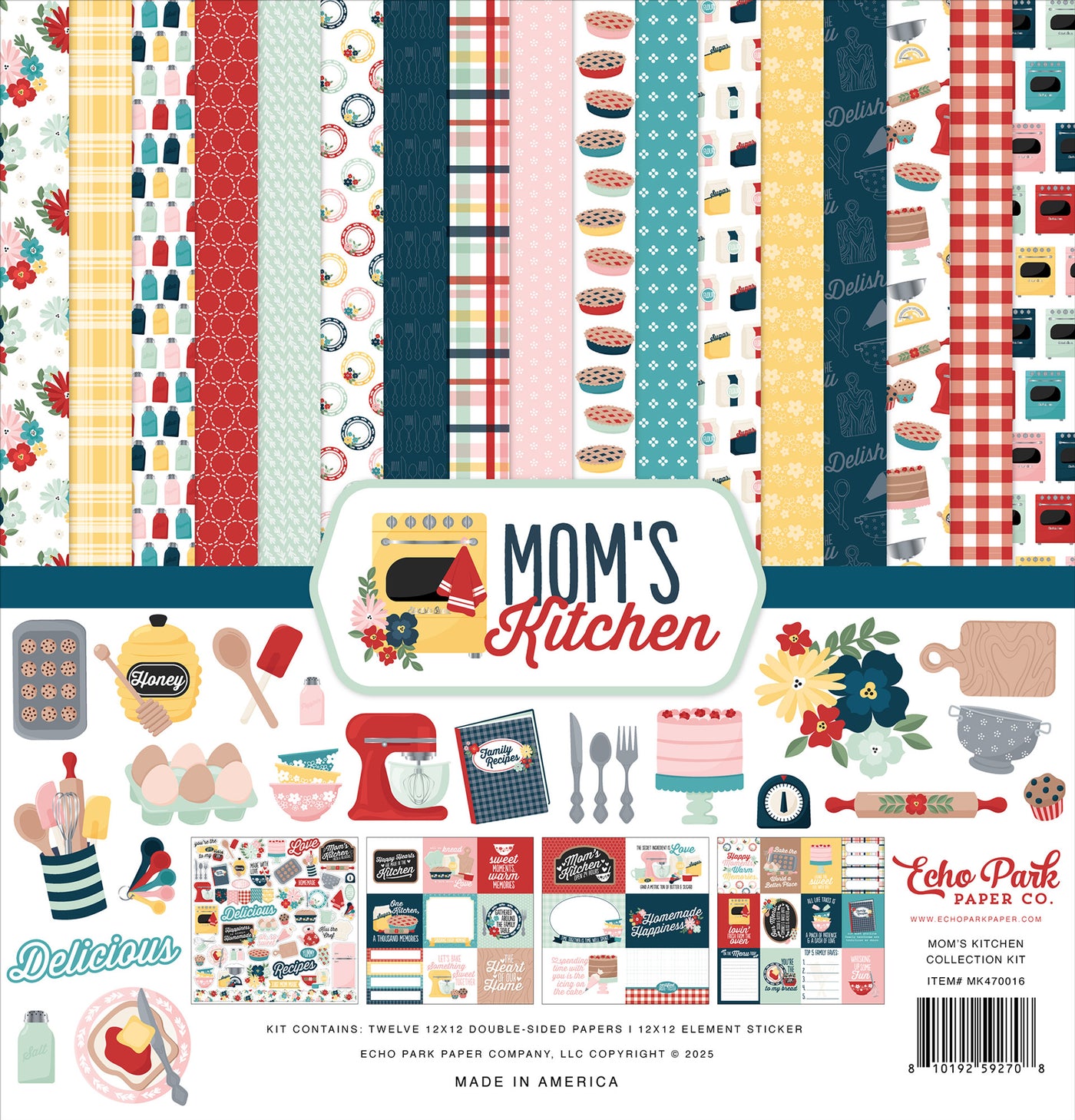 Collection of patterned papers and stickers with 'Mom's Kitchen' theme from Echo Park Paper Co.