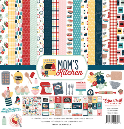 Collection of patterned papers and stickers with 'Mom's Kitchen' theme from Echo Park Paper Co.