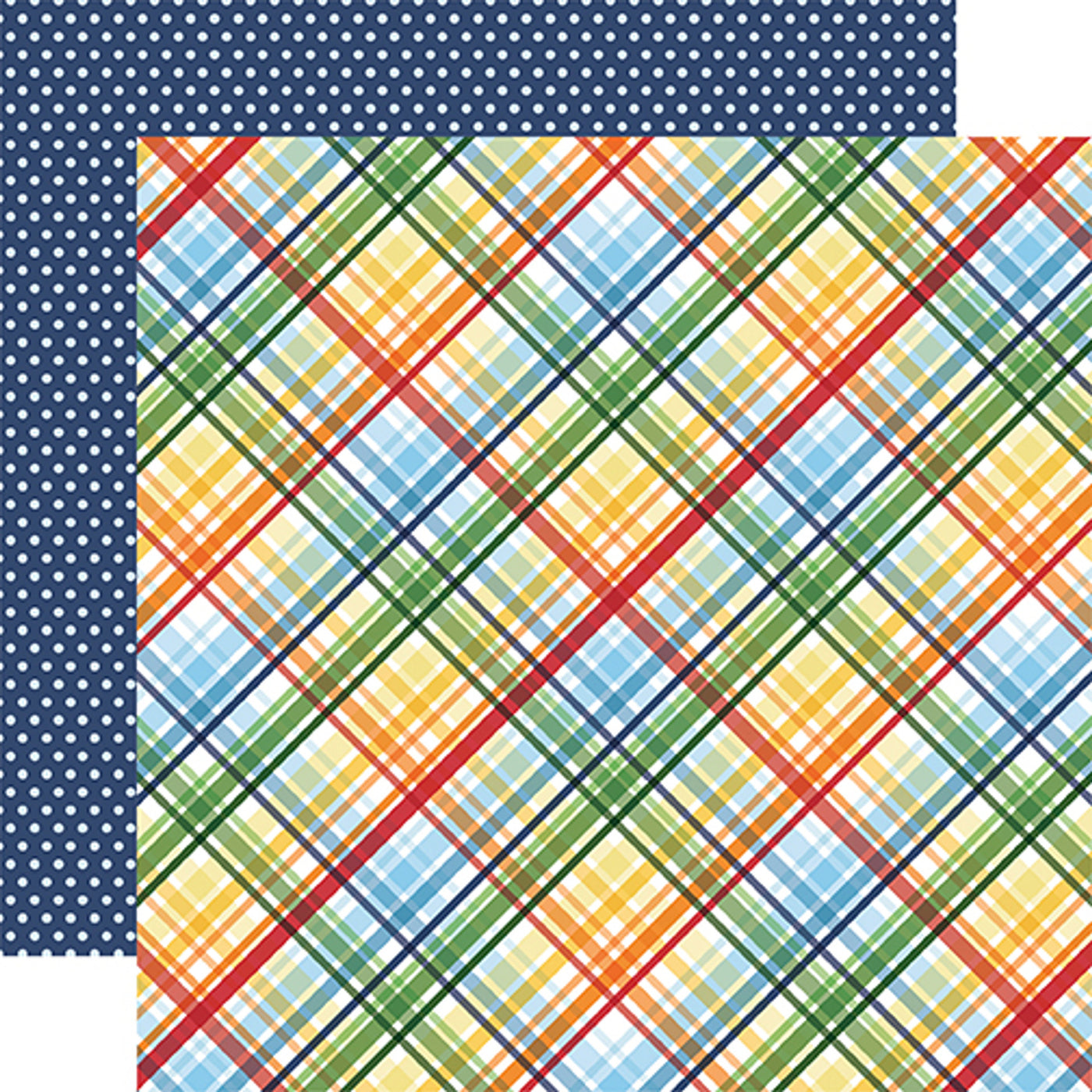 (Side A - plaid in yellow, green, blue, and orange on a white background; Side B - rows of white polka dots on a navy blue background) - from Echo Park Paper.
