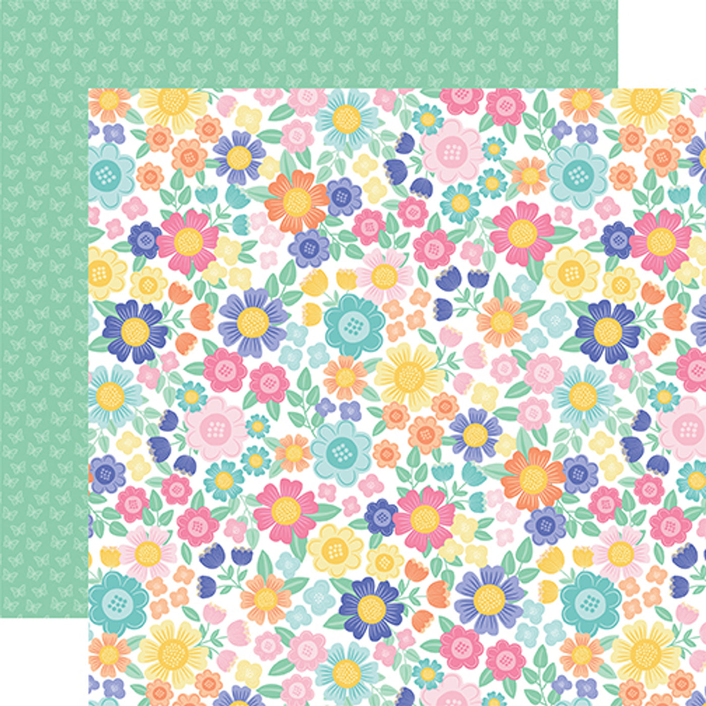 12x12 double-sided patterned paper. (Side A - bright flowers with green leaves on a white background, Side B - little white butterflies on a mint green background)