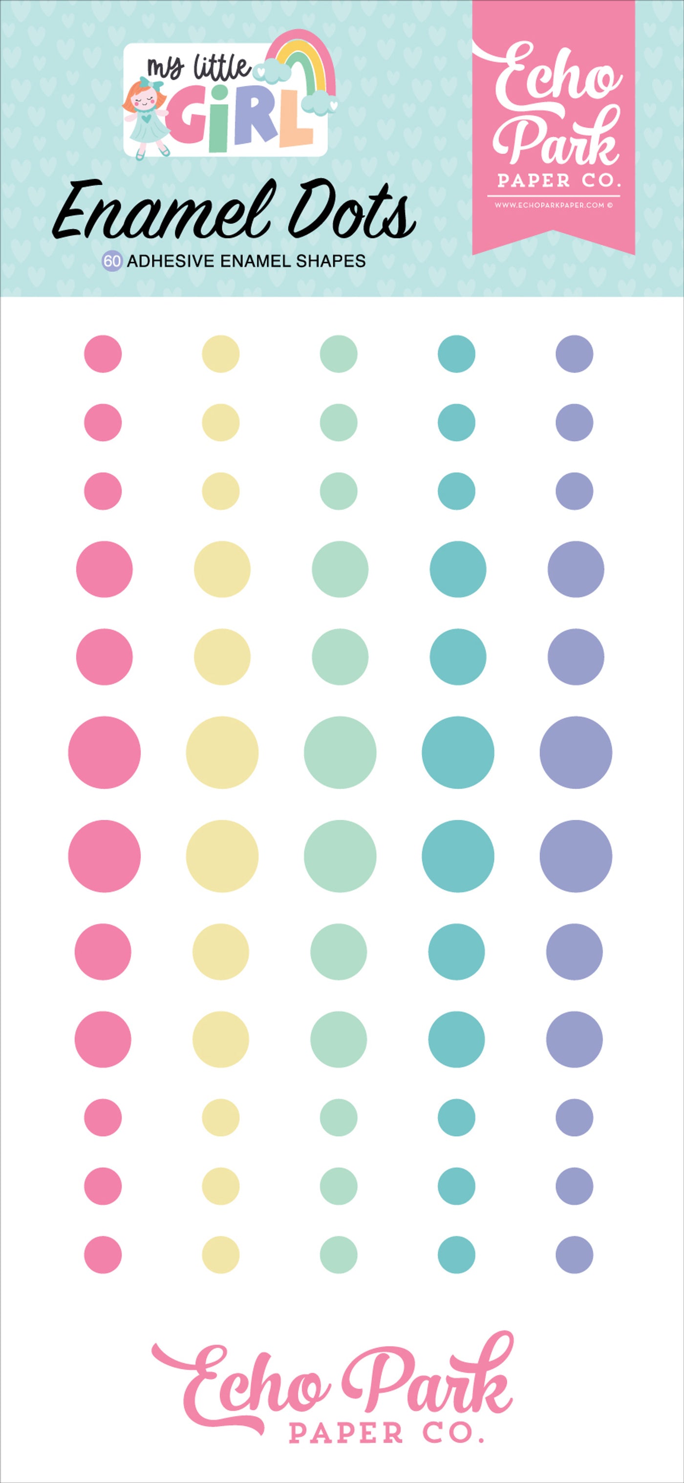 Packaging of Echo Park Paper Co. enamel dots with colorful polka dots on a white background, in bright spring colors.