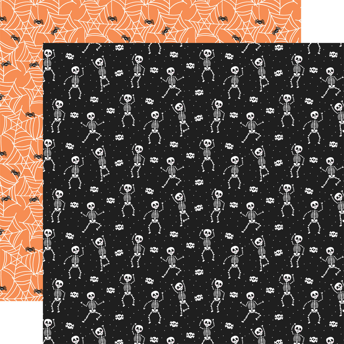 12x12 double-sided patterned paper. (Side A - white skeletons on a black background; Side B - spiders and webs on an orange background) - Echo Park Paper.