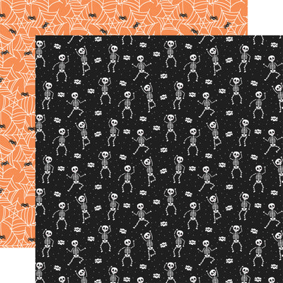 12x12 double-sided patterned paper. (Side A - white skeletons on a black background; Side B - spiders and webs on an orange background) - Echo Park Paper.