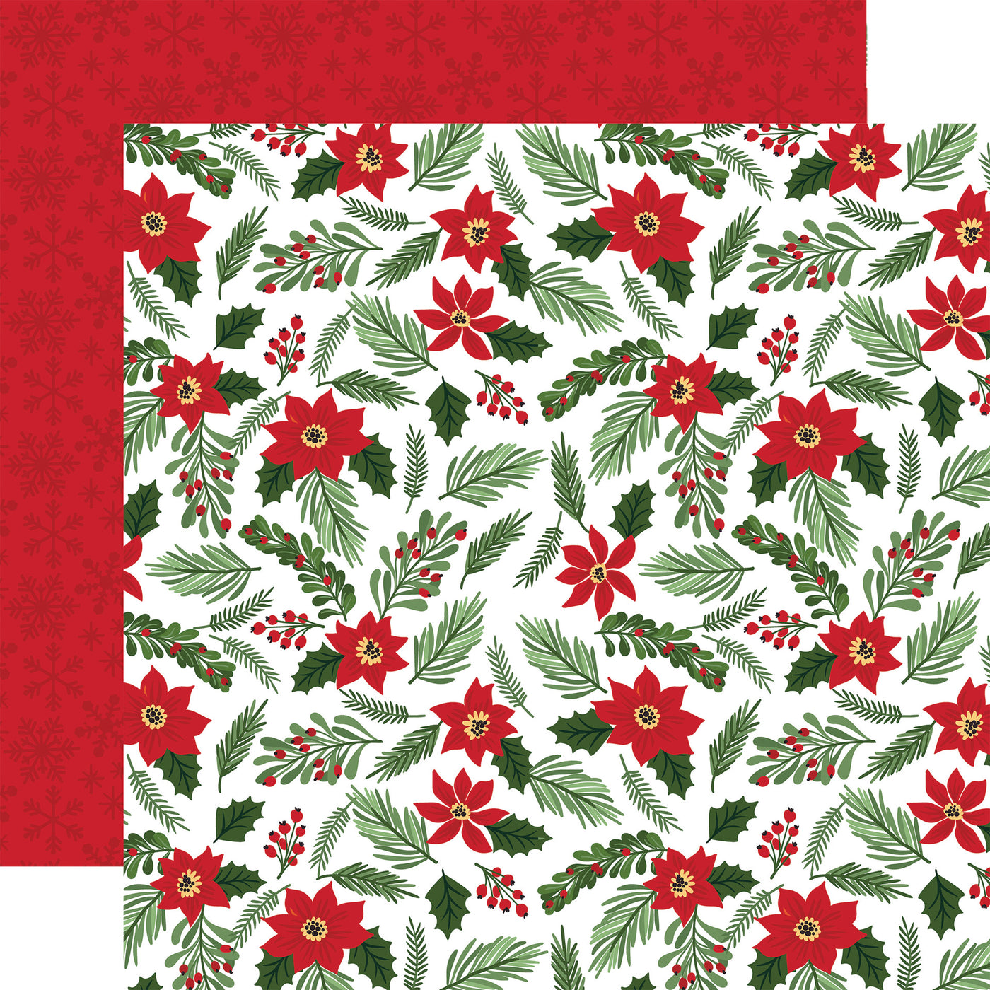 (Side A - a festive Christmas pattern with red poinsettias, green leaves, and red berries on a white background; Side B - a festive winter pattern with dark red snowflakes on a red background)