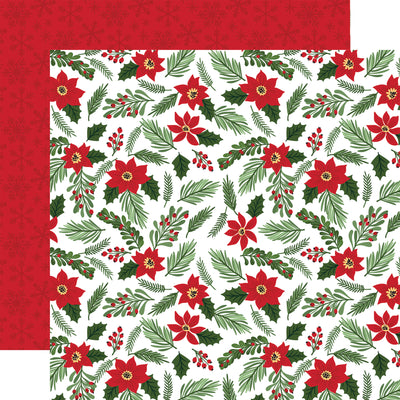 (Side A - a festive Christmas pattern with red poinsettias, green leaves, and red berries on a white background; Side B - a festive winter pattern with dark red snowflakes on a red background)
