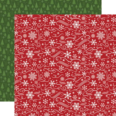 (Side A - a vibrant red background with a seamless pattern of white snowflakes, swirling lines, and small dots, Side B - a dark green background, featuring a dense arrangement of stylized Christmas trees in various shades of green. Small snowflakes and dots are scattered throughout)