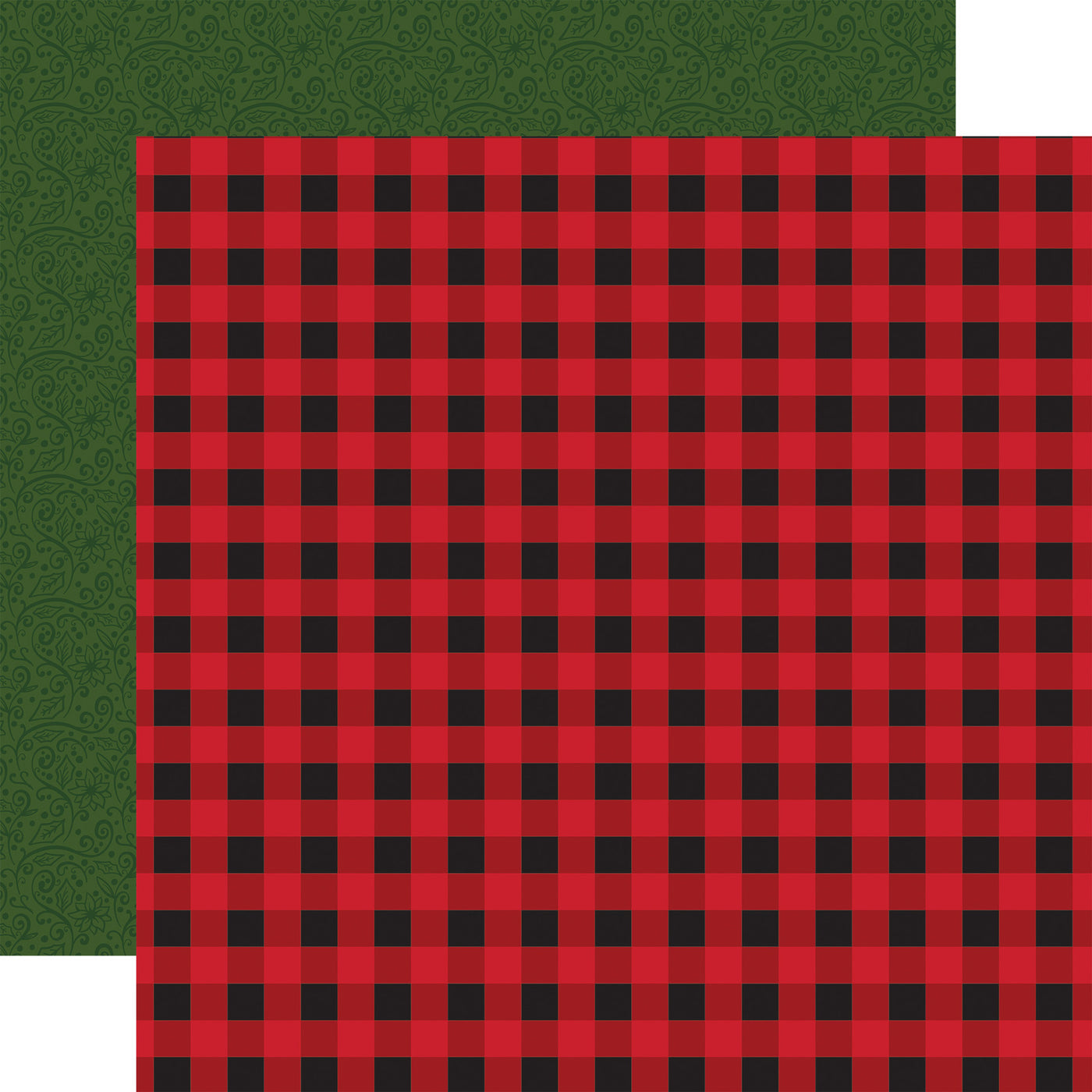 (Side A - red and black buffalo plaid, Side B - a dark green background with a subtle, repeating pattern of intricate swirls, leaves, and floral motifs in a slightly darker shade of green)