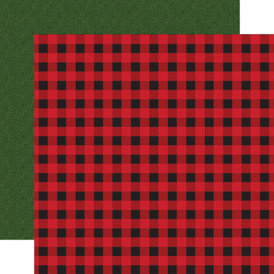 (Side A - red and black buffalo plaid, Side B - a dark green background with a subtle, repeating pattern of intricate swirls, leaves, and floral motifs in a slightly darker shade of green)