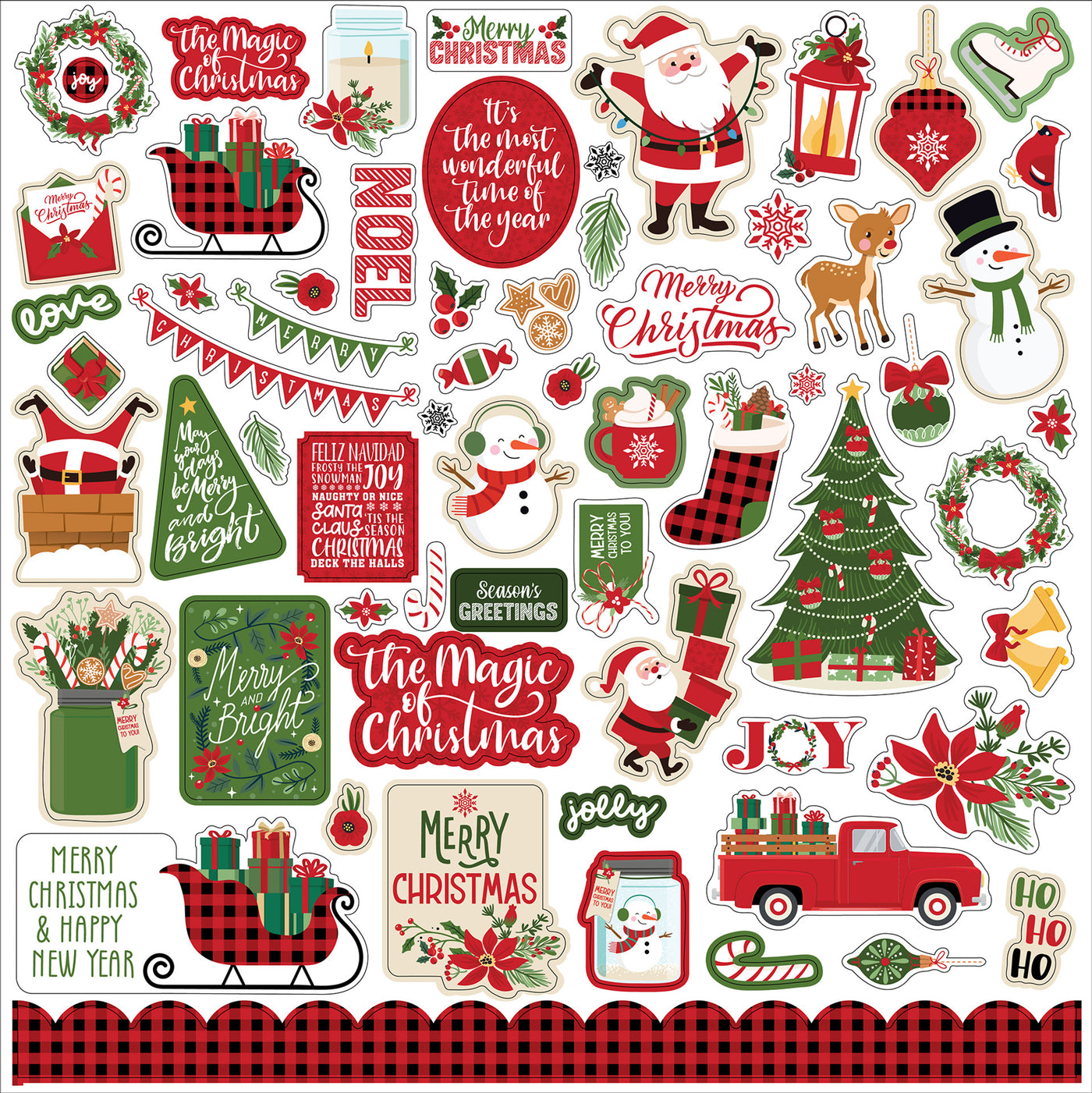 The Magic of Christmas Elements 12" x 12" Cardstock Stickers from the Magic of Christmas Christmas Collection by Echo Park. These stickers include Santa, snowmen, a Christmas tree, a sleigh, banners, borders, and more!