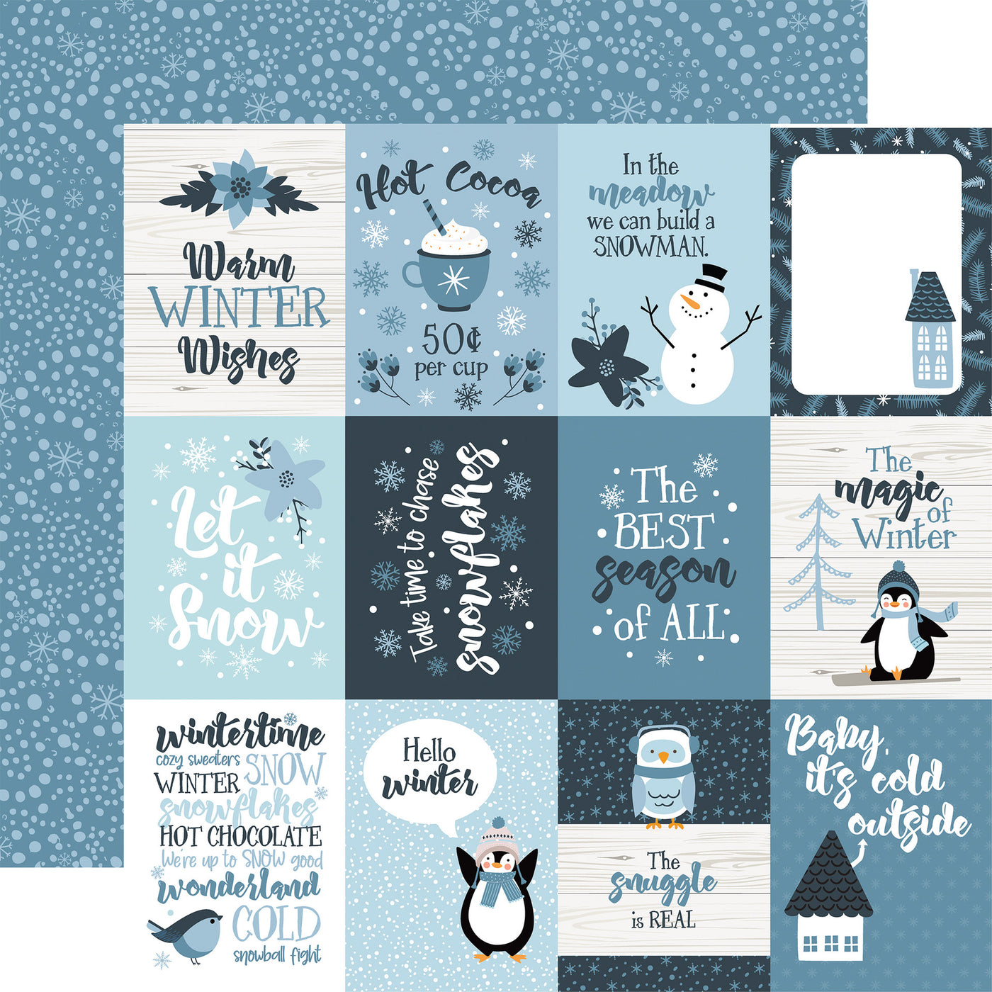 Collection of winter-themed cards with text and illustrations with a blue snowy background on the reverse.